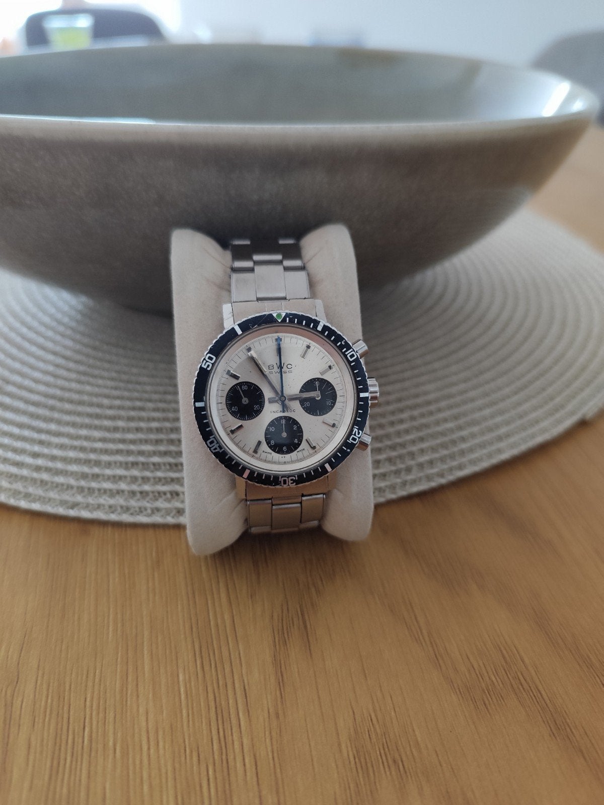BWC Paul Newman Panda dial Valjoux 72 Vintage Chronograph, Ophalen of Verzenden, Staal, Overige merken