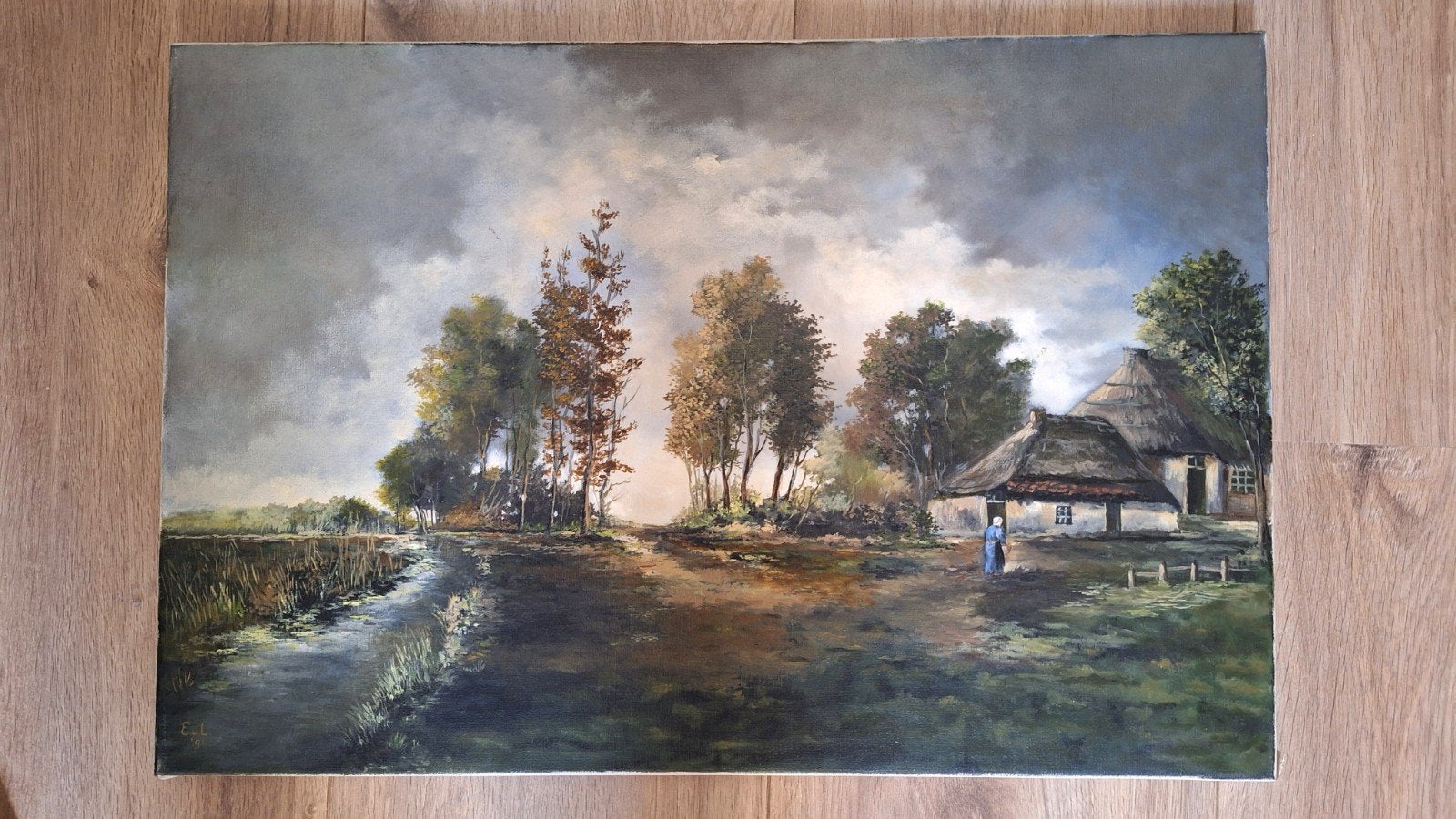 Olieverfschilderijen: Boerderij en haven, Antiek en Kunst, Doek, Realistisch, Ophalen of Verzenden, Landschap
