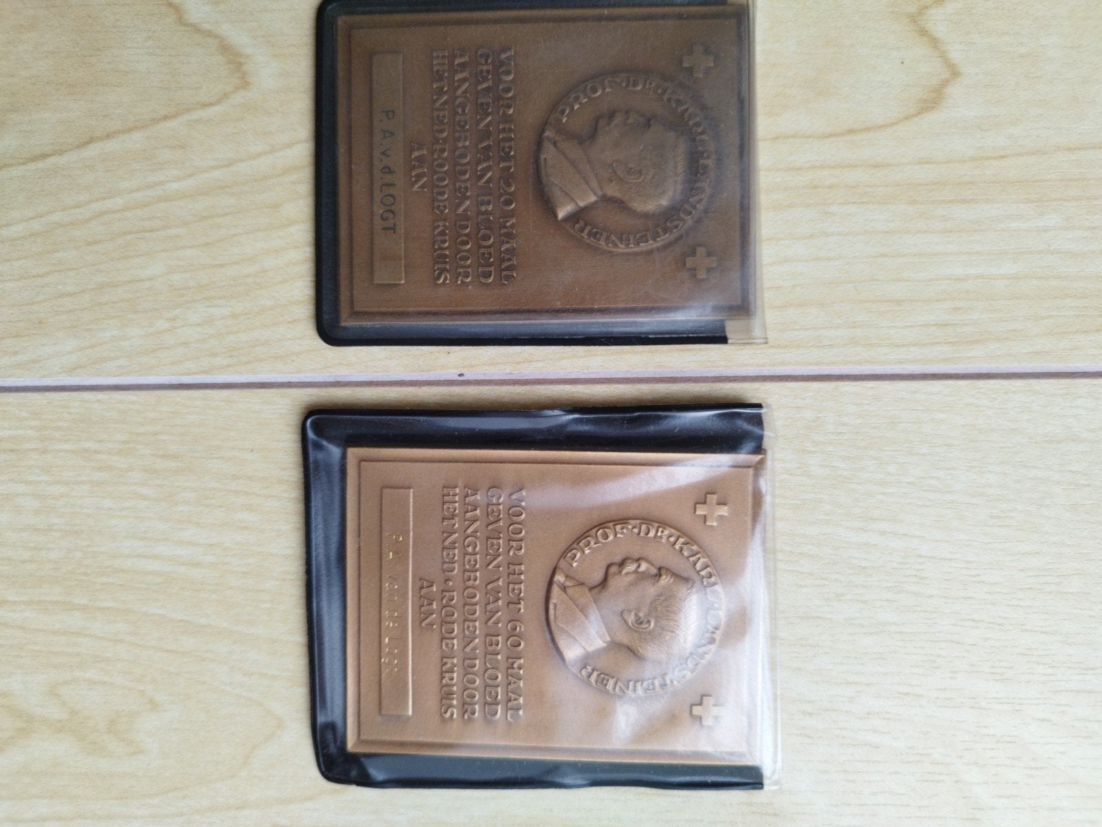 2x Bronzen Medaille Rode Kruis Bloeddonatie Landsteiner, Ophalen of Verzenden, Brons, Nederland
