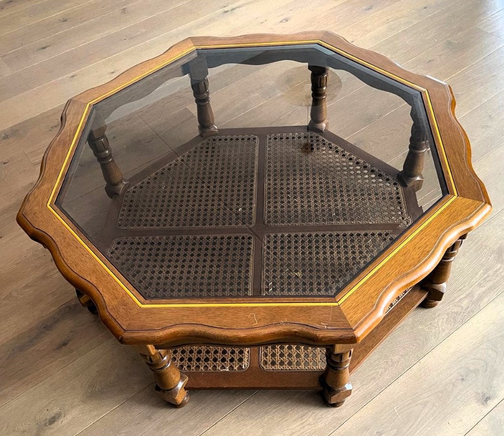 Houten 8hoekige Salontafel met glas, Ophalen, Gebruikt, 50 tot 100 cm, 100 tot 150 cm