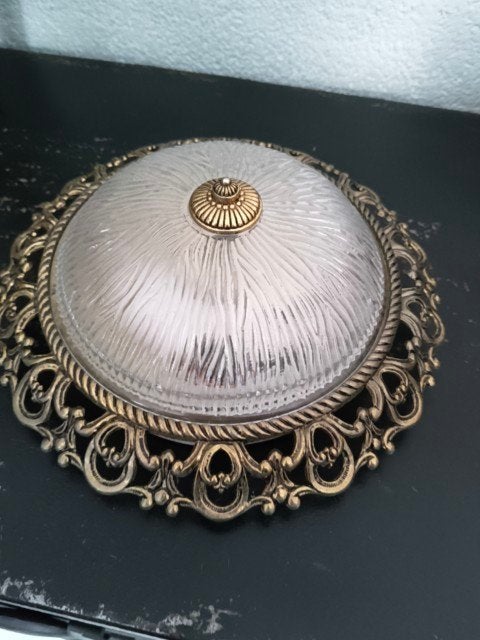 Vintage plafondlamp glas messing, 24 cm, Zo goed als nieuw, Glas, Goud