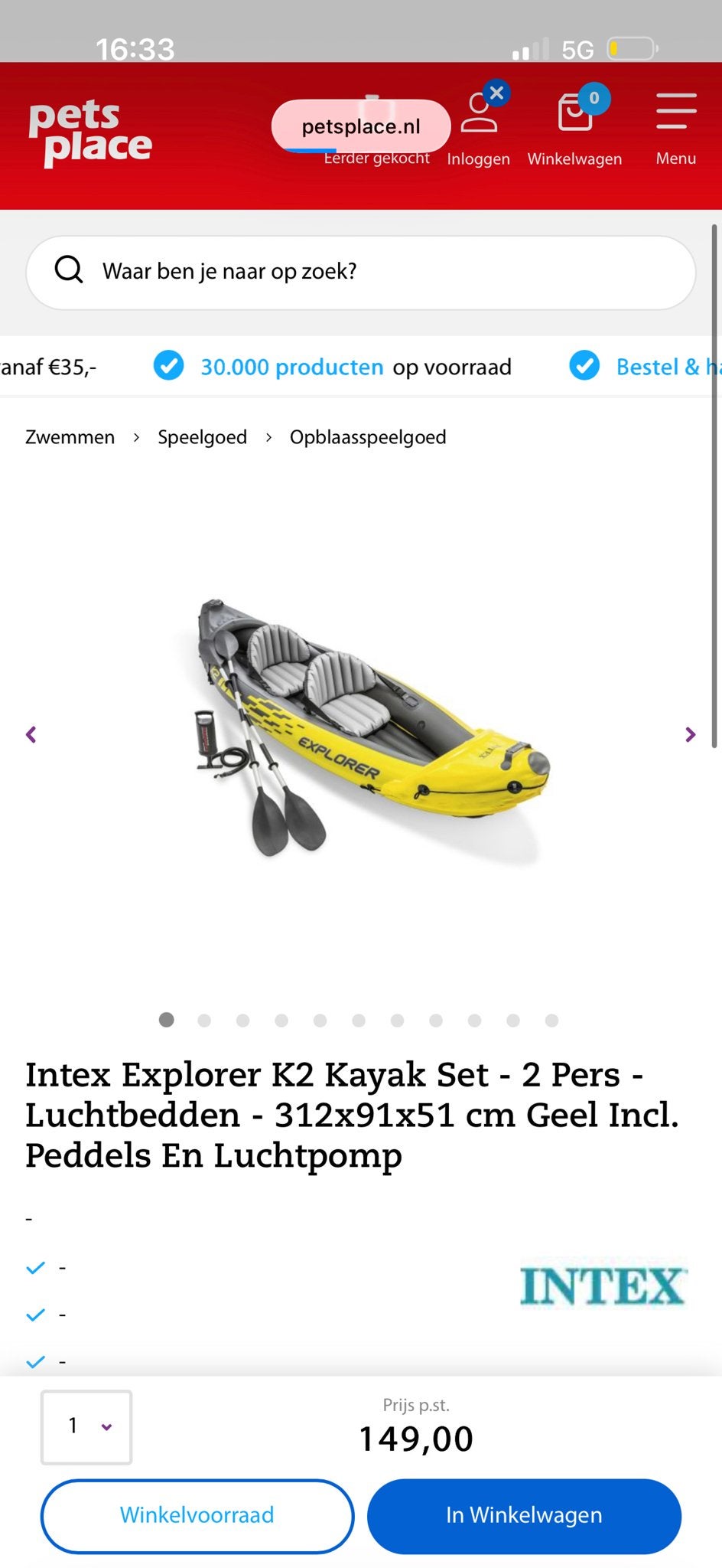 Intex Explorer K2 Opblaasbare Kano Kayak Set - Nieuw, Watersport en Boten, Ophalen, Opblaasbaar, Nieuw, 2-persoons