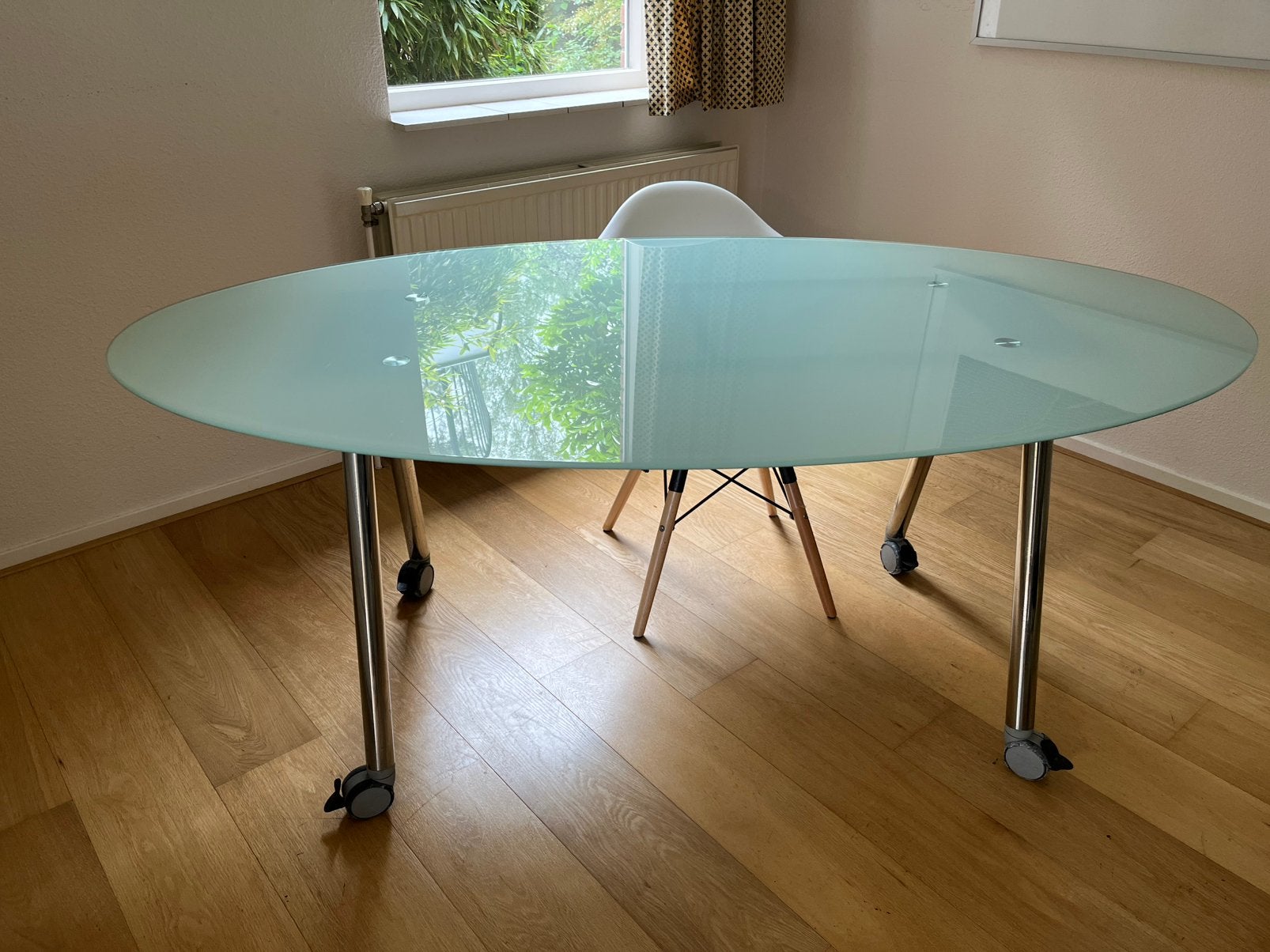 IKEA GALANT ovale glazen tafel op wielen 180 x 100cm, Ophalen, 50 tot 100 cm, Zo goed als nieuw, Glas