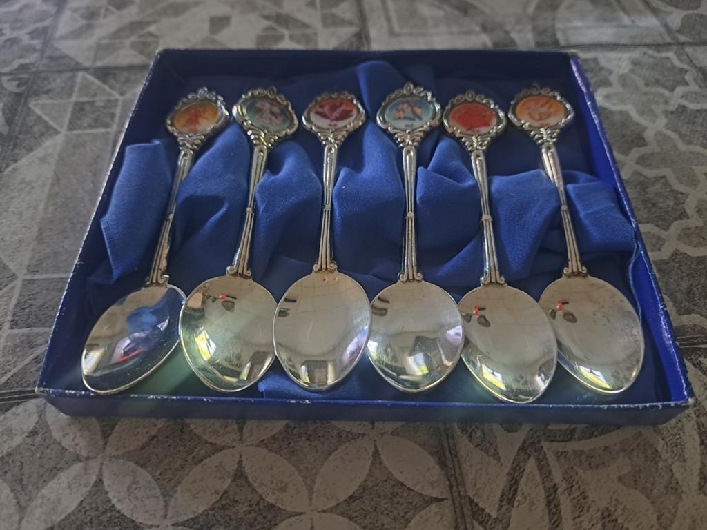 Set van 6 verzilverde lepels met bloemen miniaturen, Ophalen of Verzenden