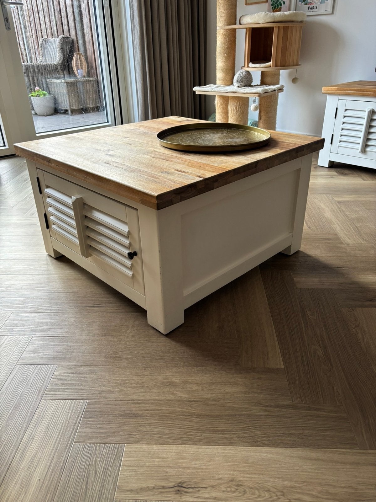 Salon tafel landelijke stijl 80x80 shutterdeuren Teab, Ophalen, Gebruikt, 50 tot 100 cm, 75 tot 100 cm