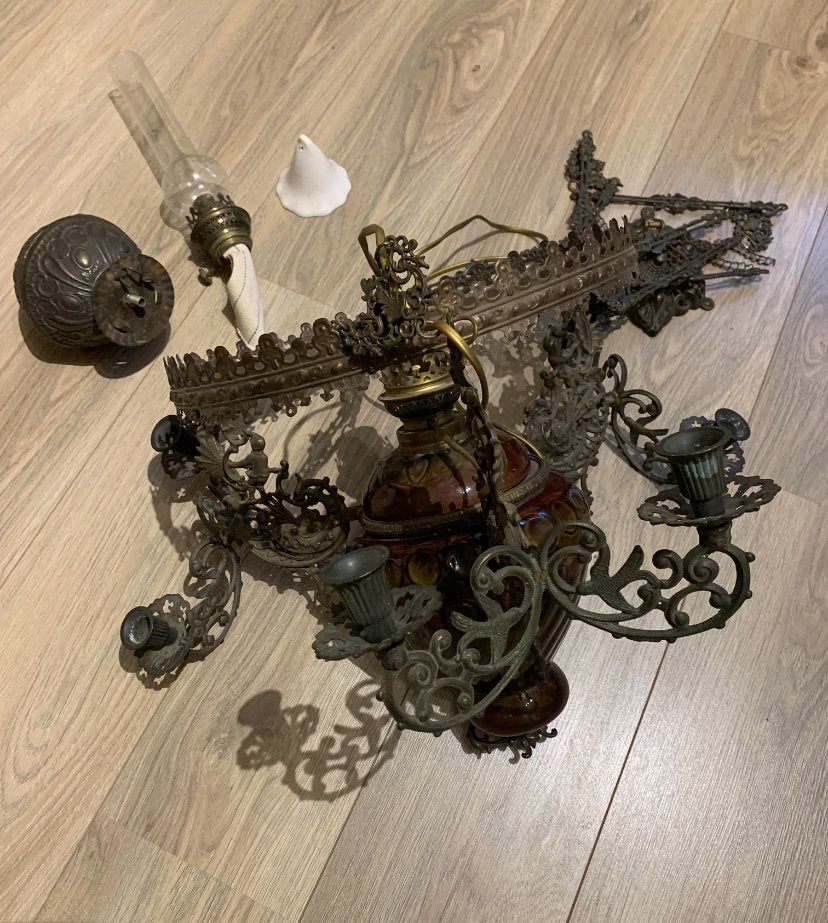 Antieke hang olielamp, Ophalen, Gebruikt