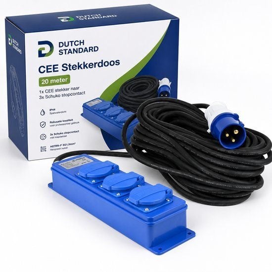 CEE stekkerdoos 20 m – 3x Schuko – IP44, Caravans en Kamperen, Ophalen of Verzenden, Nieuw