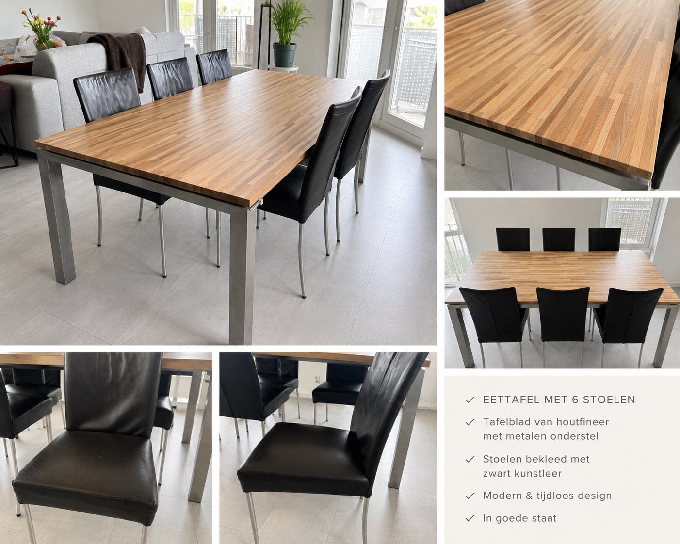 Pine Design eettafelset – 200 cm – 6 leren stoelen, Ophalen, Gebruikt, 200 cm of meer, 50 tot 100 cm