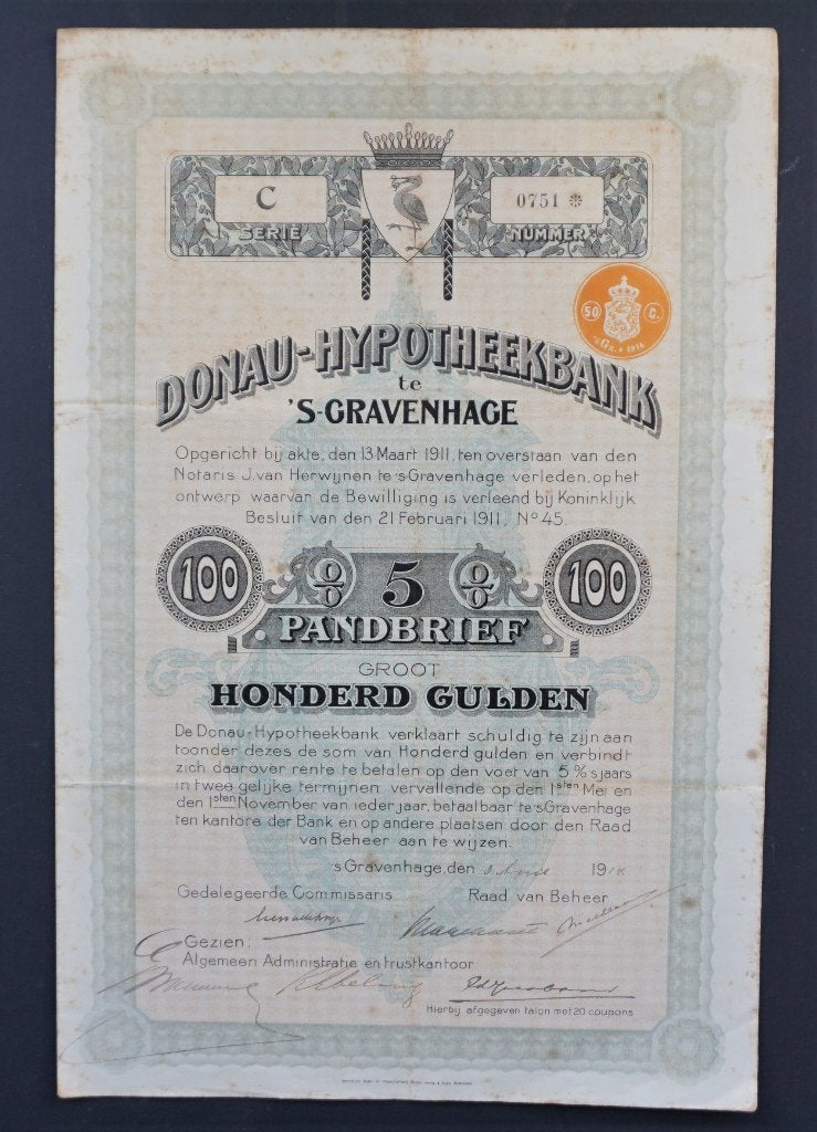 N.V. Donau Hypotheekbank te 's-Gravenhage 1914, Verzenden, Voor 1920, Obligatie of Lening