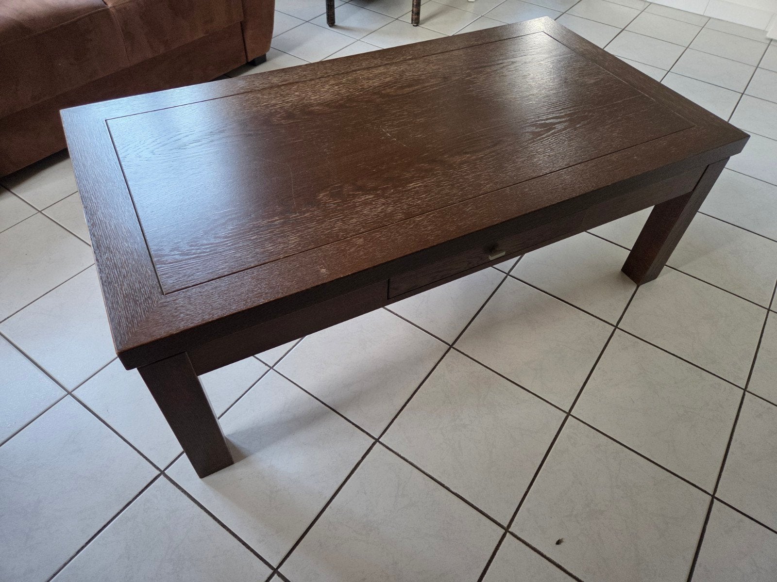 Massief houten salontafel met lade (70x130x45cm), Huis en Inrichting, Ophalen, Minder dan 50 cm, Gebruikt, 100 tot 150 cm