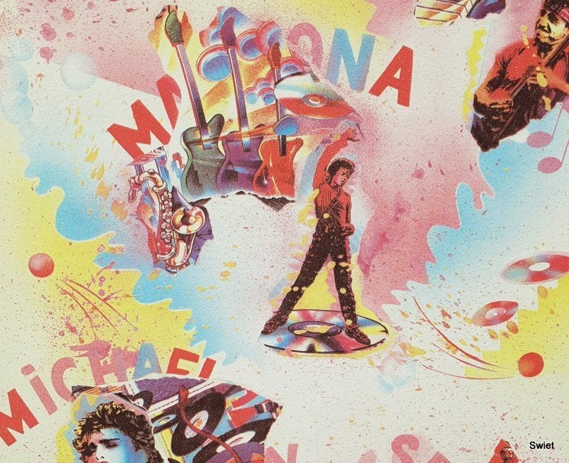 12857 Popsterren behang met Madonna MJ en Springsteen swiet, Ophalen of Verzenden, Geel