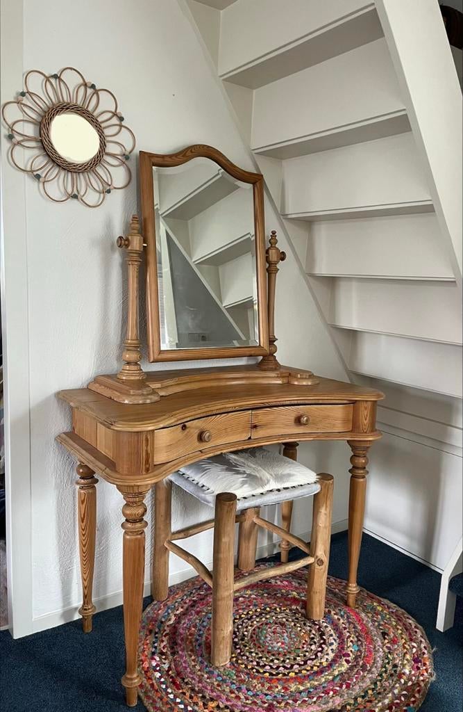 Antieke/vintage grenen kaptafel met spiegel en lades, Ophalen