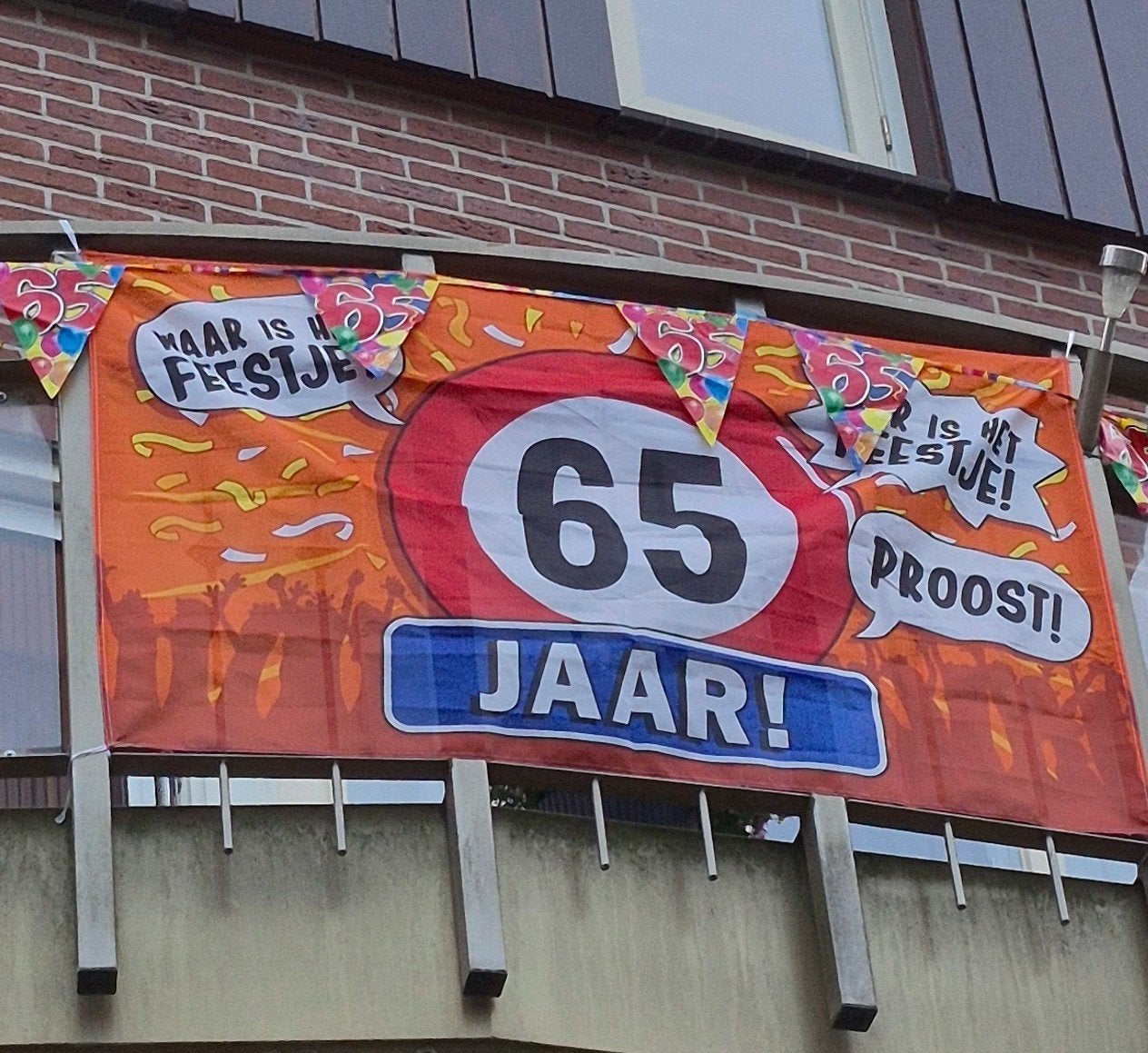 Verjaardagsbanner 65 Jaar met balonnen en vlaggetjes, Ophalen, Gebruikt, Versiering, Verjaardag