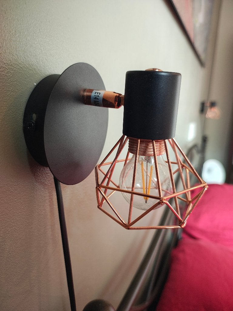 2 Stijlvolle wandlampjes met koperen kooi, Ophalen, Bedlamp, Zwart, E14 (klein)