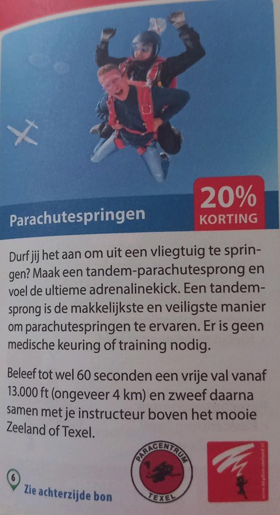 Parachutespringen op texel of in Zeeland 50 euro korting ong