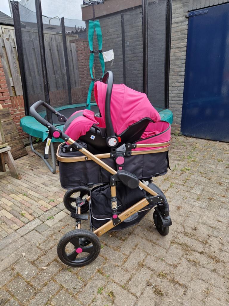Luxe 3-in-1 Combiwagen Roze/Goud met Autostoel & Reiswieg, Gebruikt, Combiwagen, Verstelbare duwstang, Ophalen
