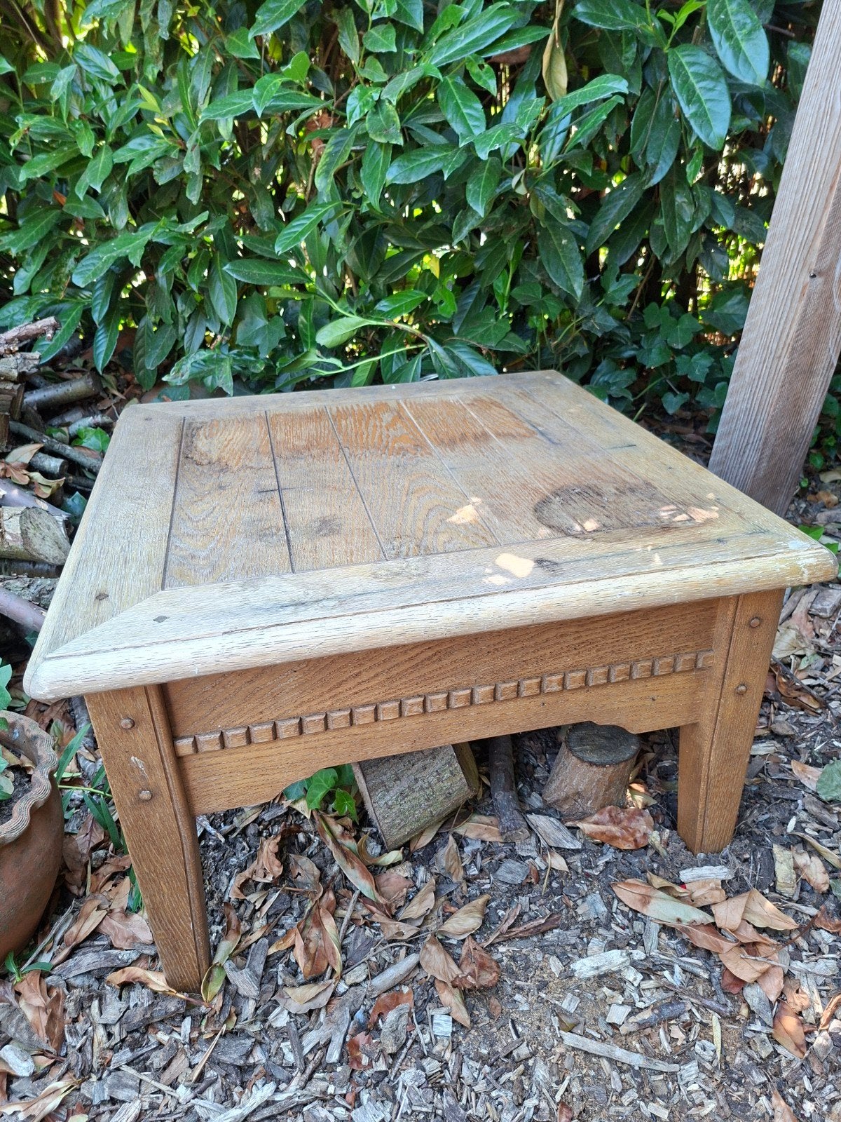 Houten  oud vierkant tafeltje ,restyling, Ophalen, 50 tot 100 cm, Vierkant, Nvt