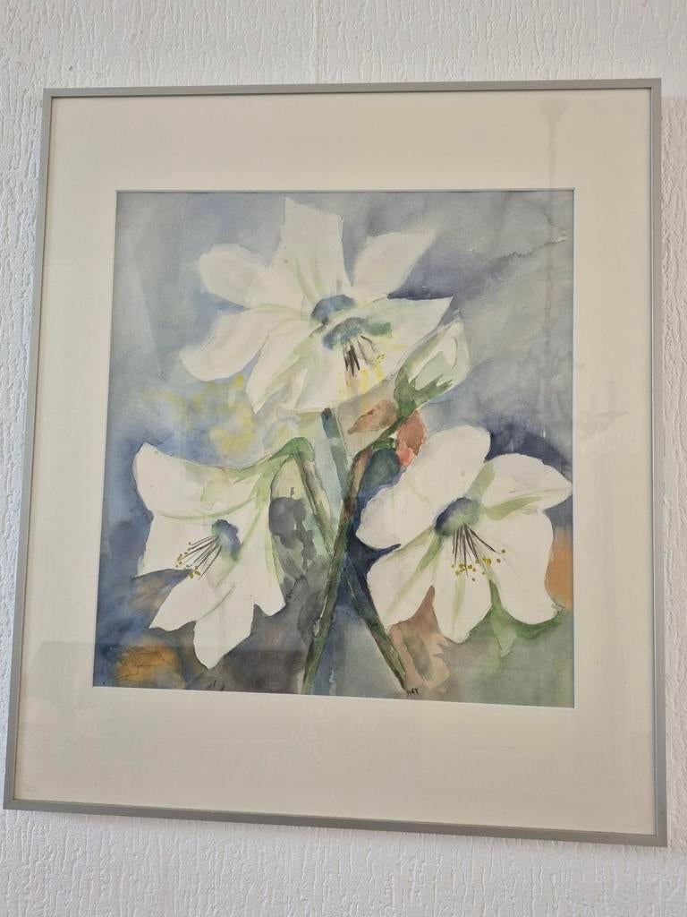 Aquarel schilderij van witte bloemen in lijst, Antiek en Kunst, Kunst | Schilderijen | Klassiek, Ophalen of Verzenden