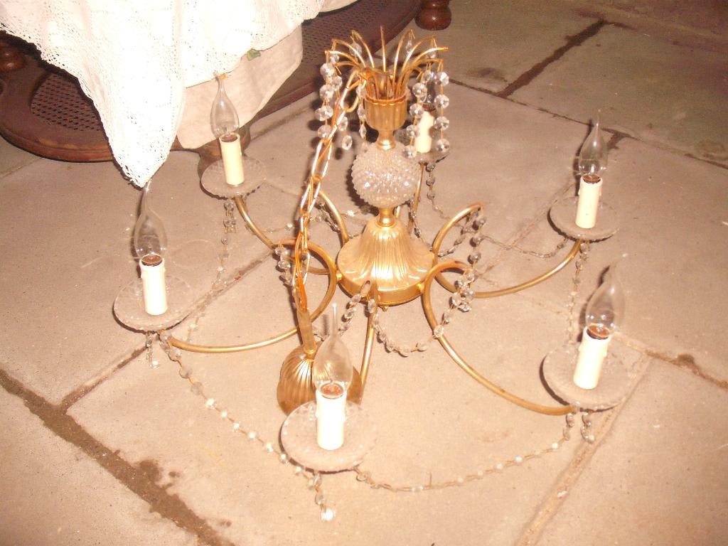 Vintage brocante barok 6 arms kroonluchter parelversiering, Huis en Inrichting, Lampen | Kroonluchters, Ophalen, Gebruikt, Glas