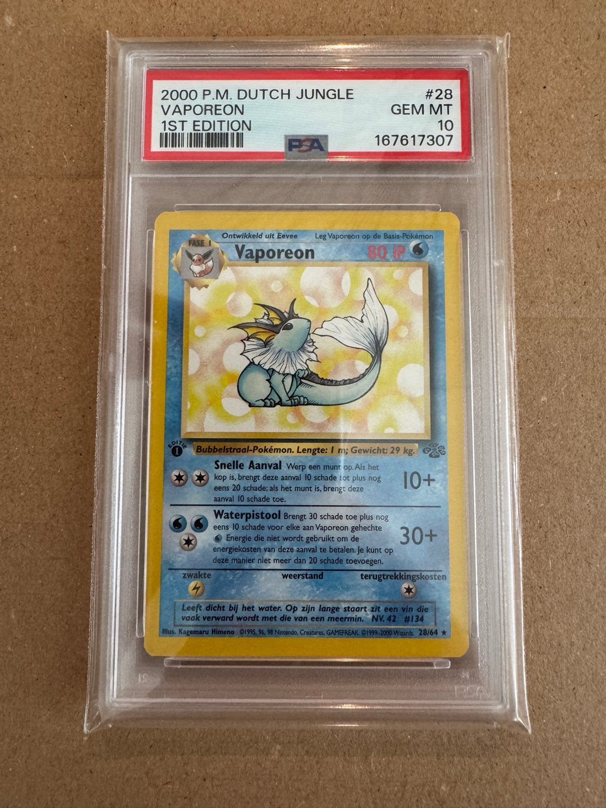 Vaporeon 1st Edition PSA 10 Gem Mint Pokémon Kaart, Ophalen of Verzenden, Nieuw, Losse kaart