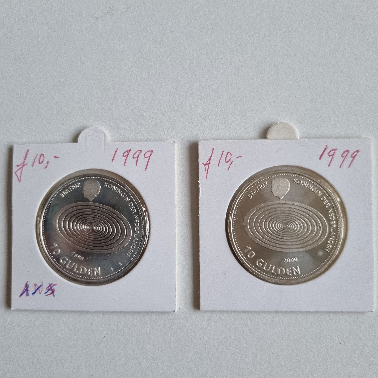 2x Zilveren 10 Gulden Beatrix 1999, Koningin Beatrix, Zilver, Ophalen of Verzenden, Losse munt