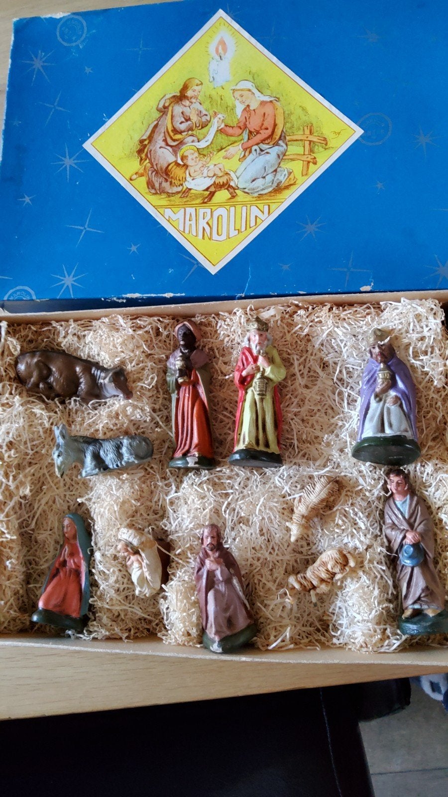 Oude retro Marolin kerstgroep Papier mache originele doos., Diversen, Ophalen of Verzenden