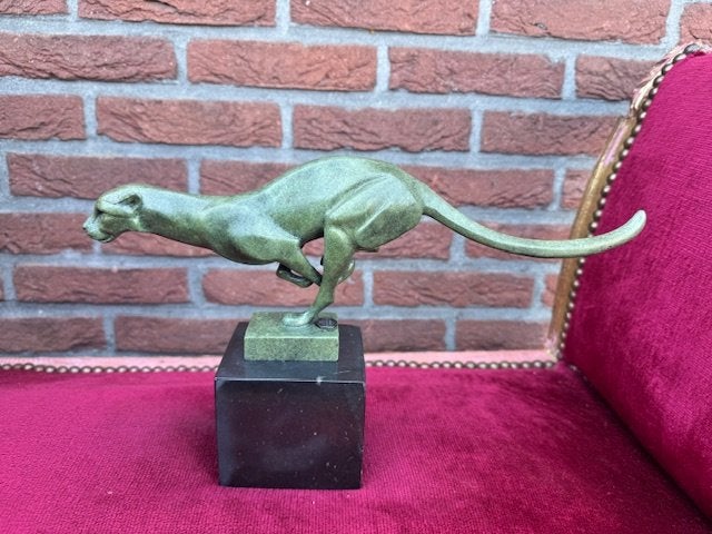 bronzen topbeeld, rennend jachtluipaard, Ophalen of Verzenden, Gemerkt, Brons, Beeld