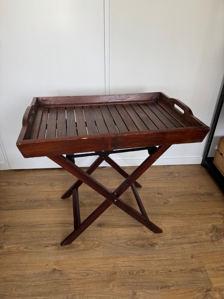 Teakhouten butler tray tafel, inklapbaar, Ophalen, Zo goed als nieuw, Met handvatten, Hout