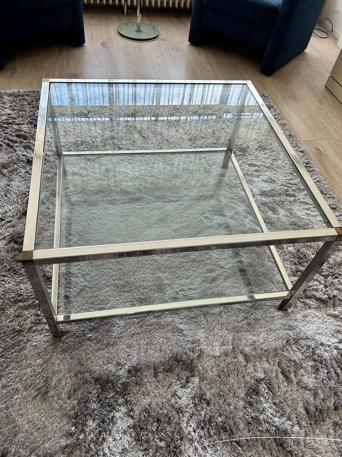 Salontafel met verchroomd frame en 2 glasplaten, Huis en Inrichting, Ophalen, Gebruikt, 100 tot 150 cm, Vierkant