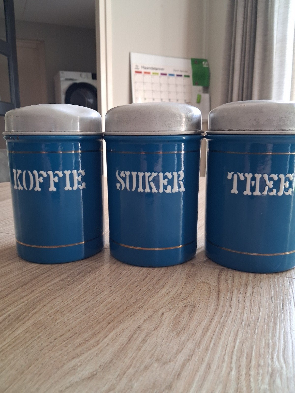 Vintage Koffie, Suiker, Thee Busjes - Blauw Emaille Set, Antiek en Kunst, Ophalen of Verzenden