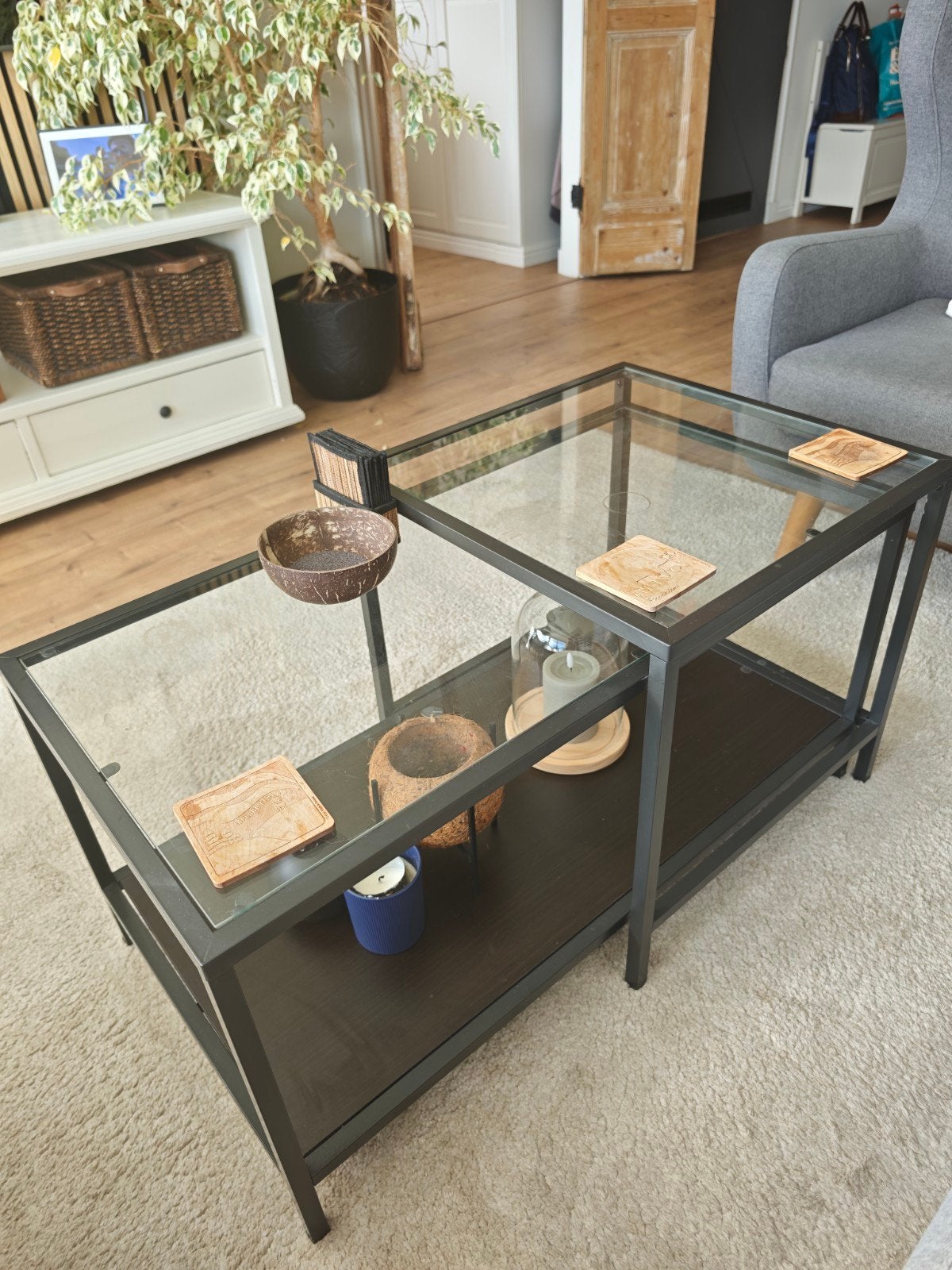 IKEA Salon tafel met glazen blad en metalen frame, Ophalen, Gebruikt, 100 tot 150 cm, Modern, Industrieel