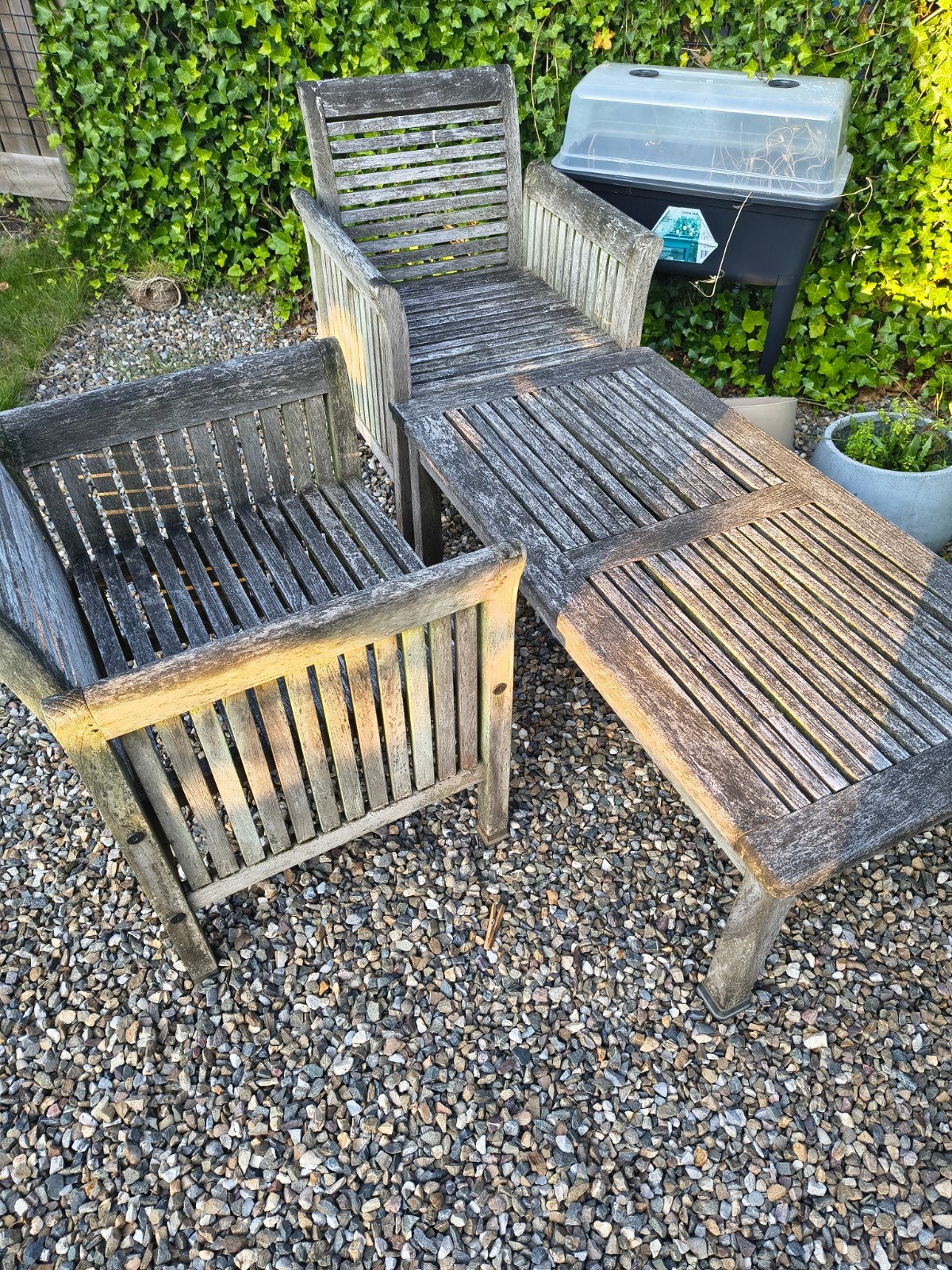 Houten tuinset met 2 stoelen en tafel, Gebruikt, Tuinset, Hout, Eettafel