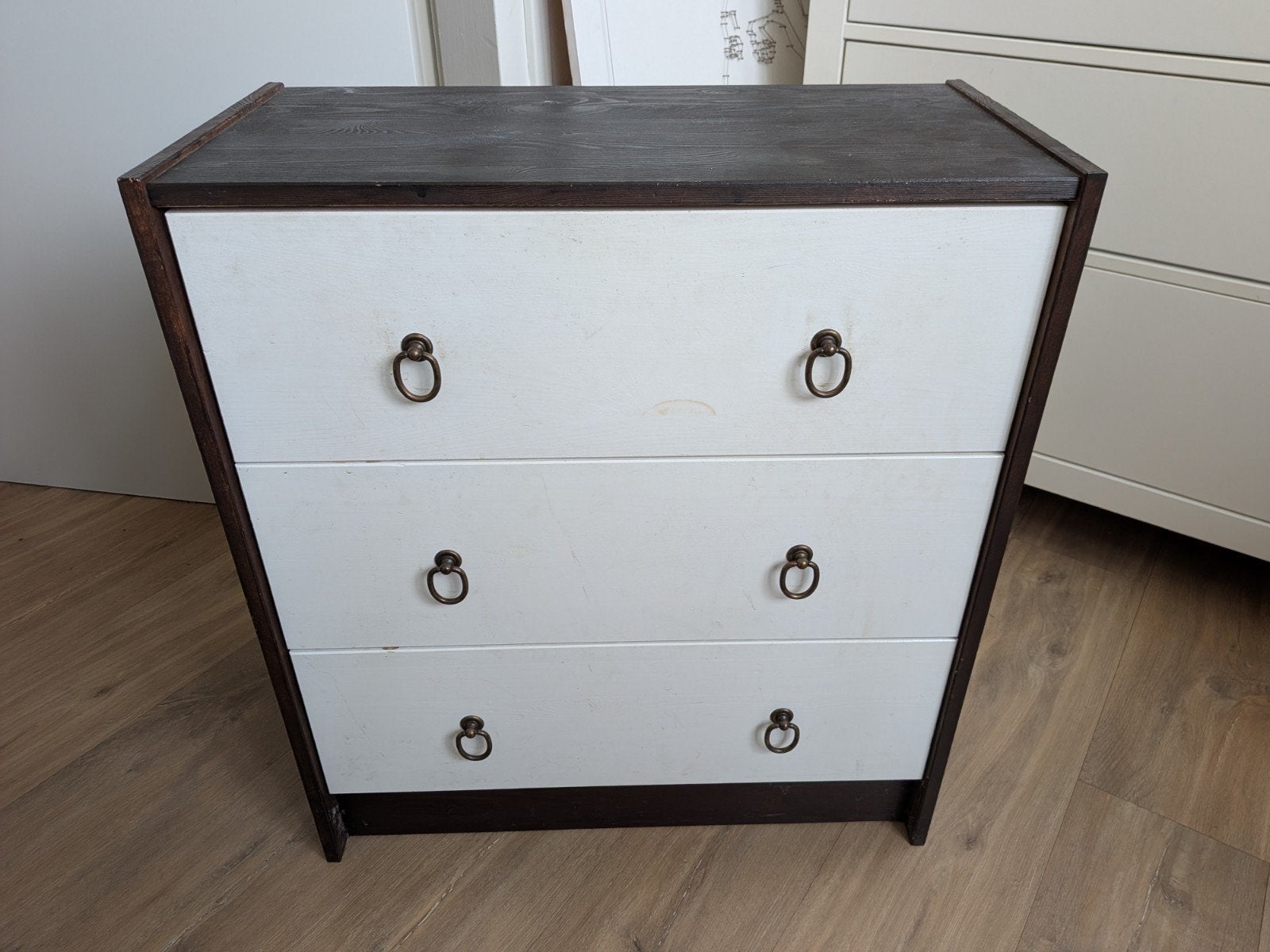 ikea rast ladekastje met 3 laden, wit en donker hout, Gebruikt, Vintage, 50 tot 100 cm, 3 of 4 laden