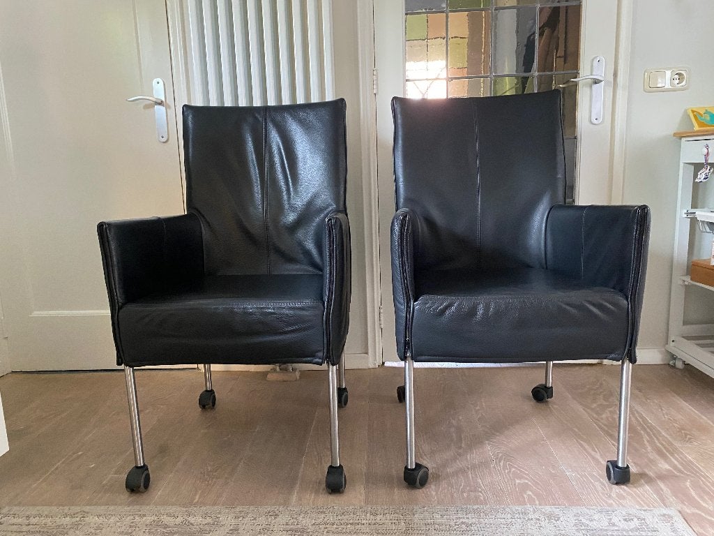 6 Zwarte eetkamerstoelen met wieltjes, Huis en Inrichting, Stoelen, Ophalen, Gebruikt, Zwart, Modern