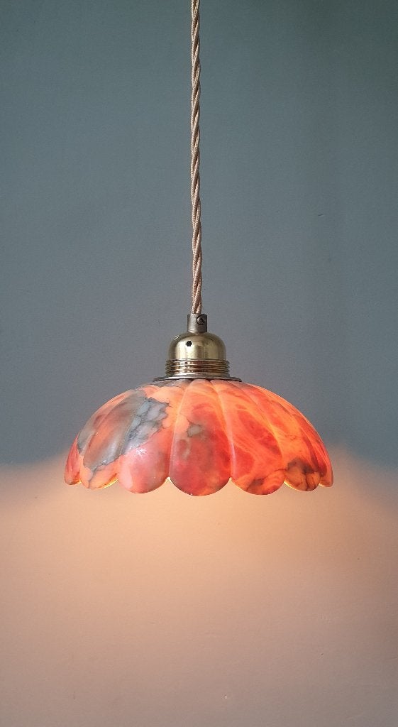 Marmeren vintage bruin, rood, amberkleurige hanglampje, Gebruikt, Vintage, antiek, marble, Glas, E27 (groot)
