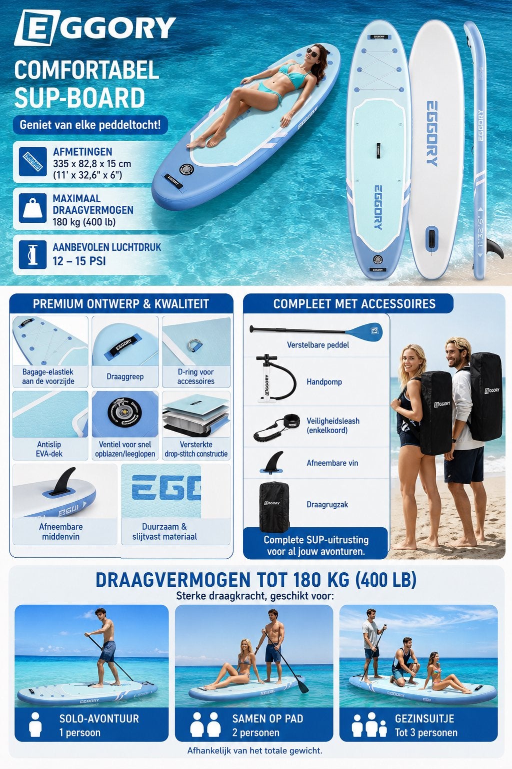 EGGORY Opblaasbaar SUP Board - Comfortabel & Stabiel, Eggory, Verzenden, ., Nieuw