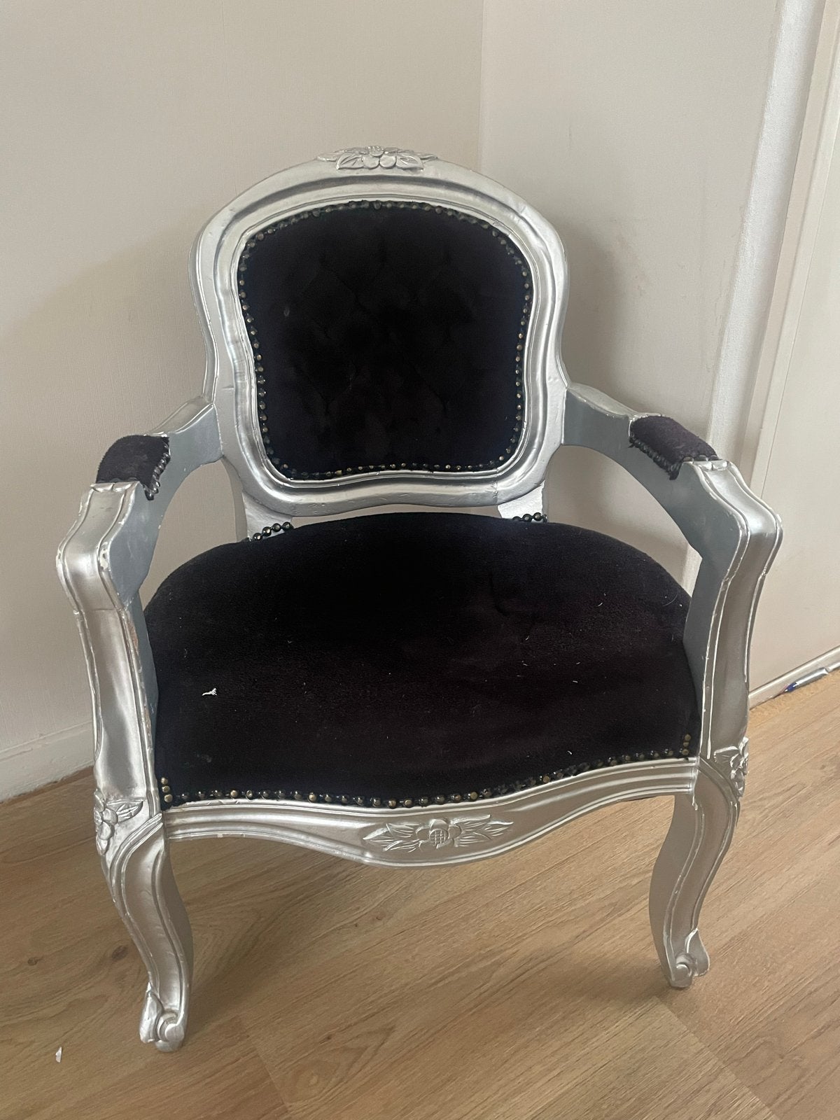Barokke Zilveren kinder Fauteuil met Zwart Fluweel, Ophalen, Zwart, Eén