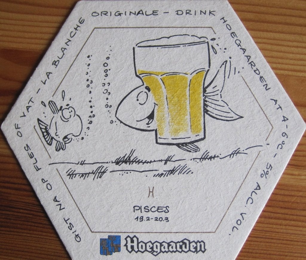 twee bierviltjes Hoegaarden - zeshoekig met sterrenbeelden, Ophalen of Verzenden, Zo goed als nieuw, Viltje(s), Overige merken