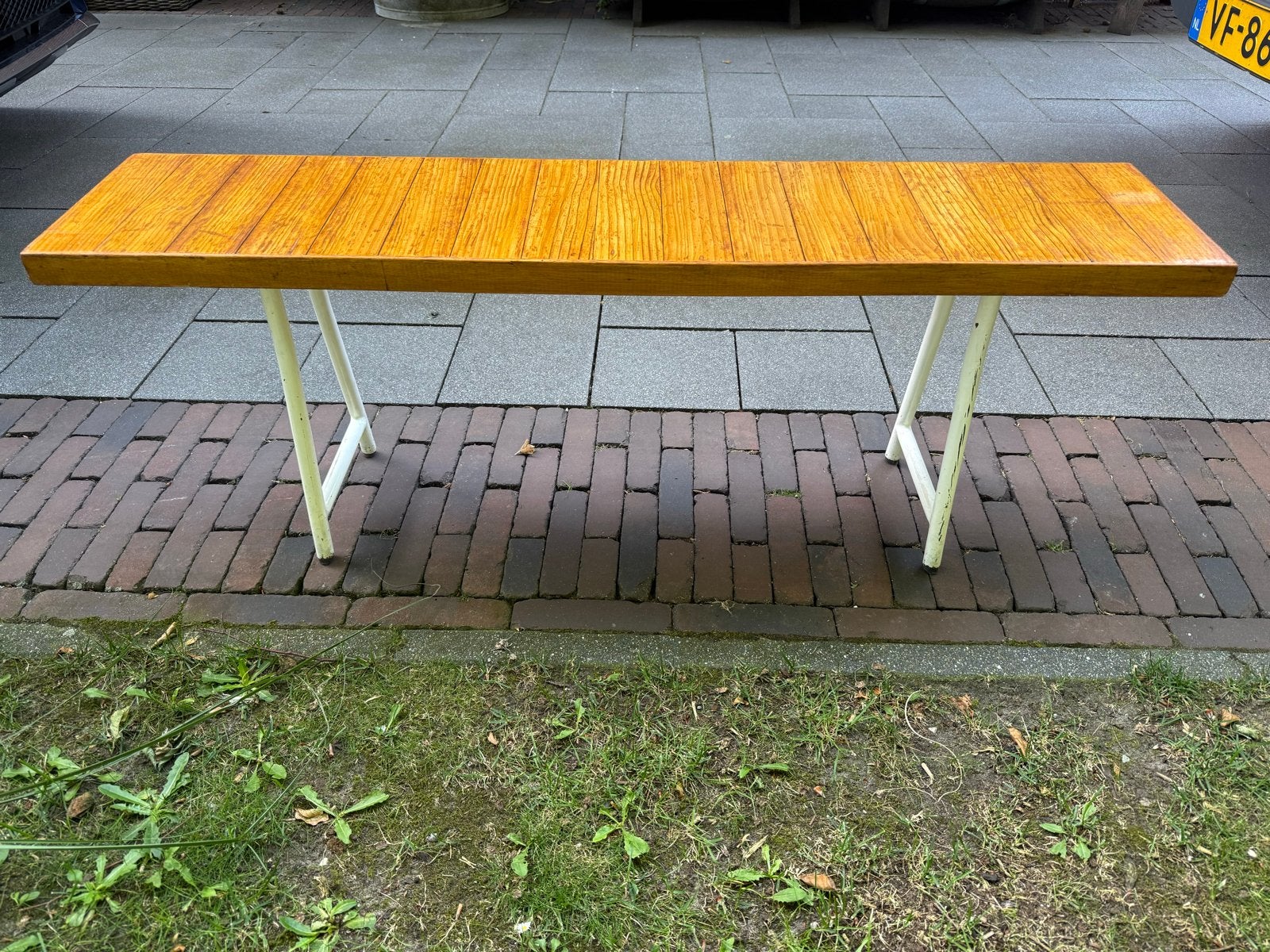 Vintage bankje met stalen frame, Ophalen of Verzenden