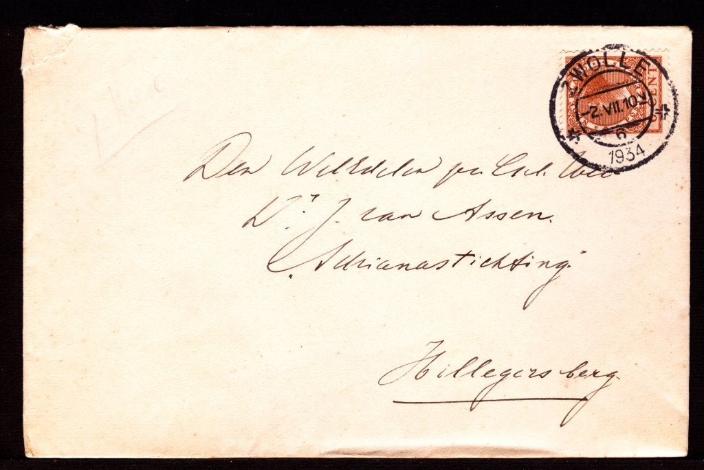 Envelop; van Zwolle naar Hillegersberg op 2-7-1934  4, Postzegels en Munten, Ophalen of Verzenden, Brief