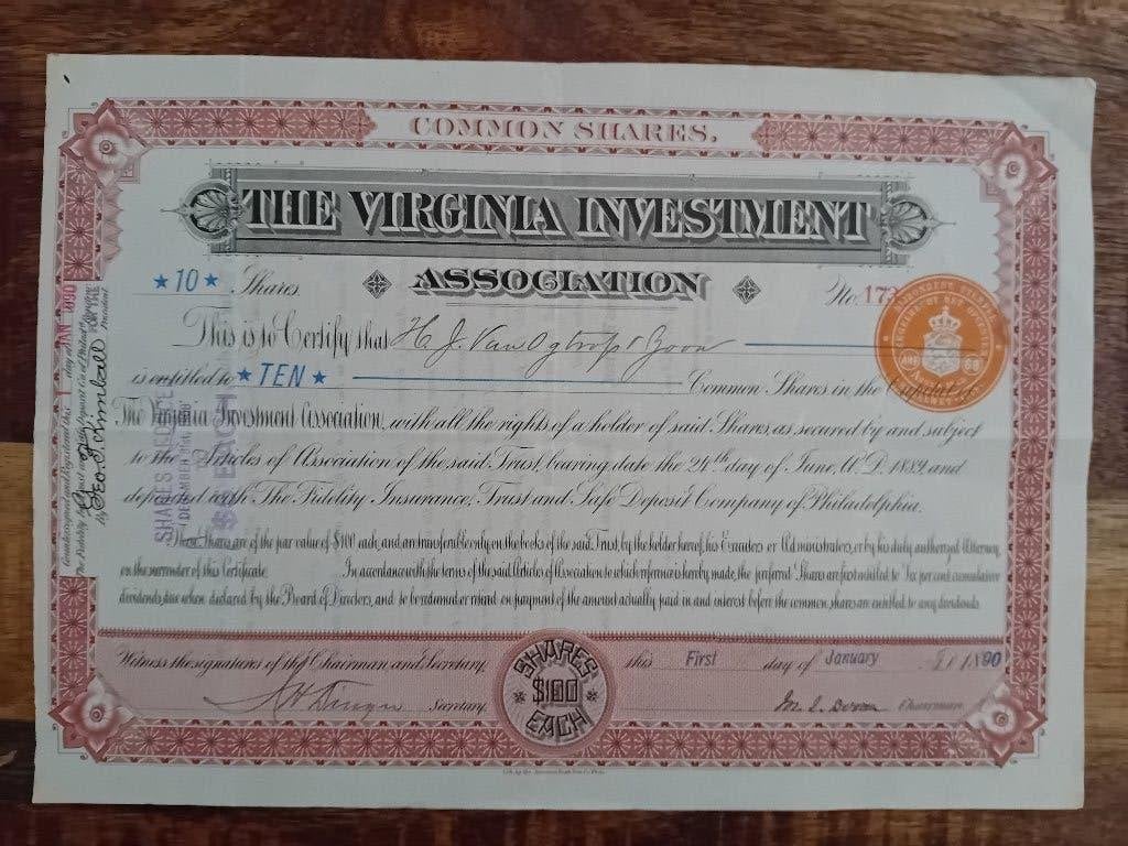 The Virginia Investment Association - HJ van Ogtrop - 1890, Verzenden, Voor 1920, Aandeel