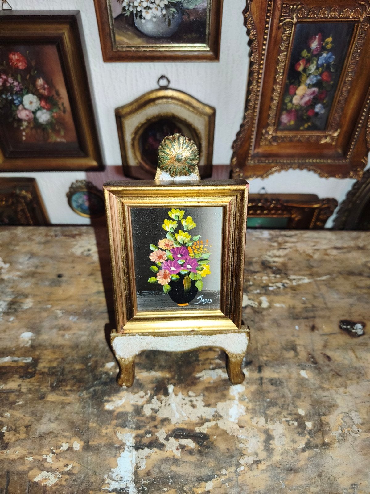 oud schilderijtje schilderij lijst stilleven bloemen Y56, Ophalen of Verzenden