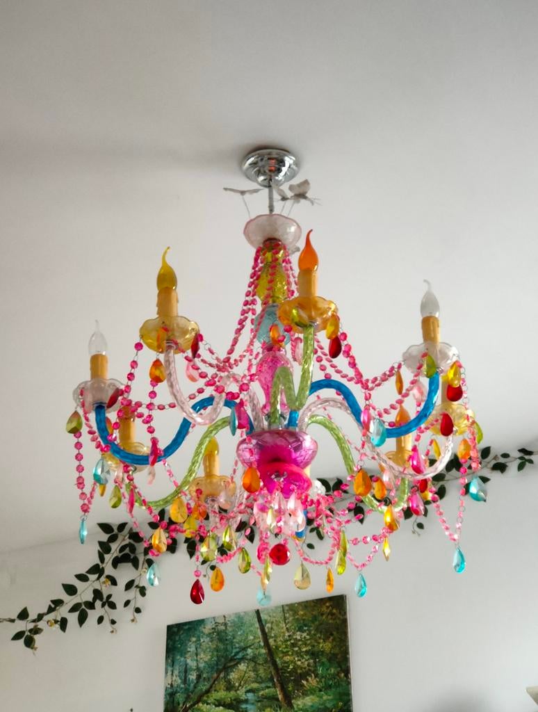 Kleurrijke Kroonluchter met Kristallen, Huis en Inrichting, Lampen | Kroonluchters, Ophalen, Gebruikt, Glas, Speels, Kleurrijk, Bohemian
