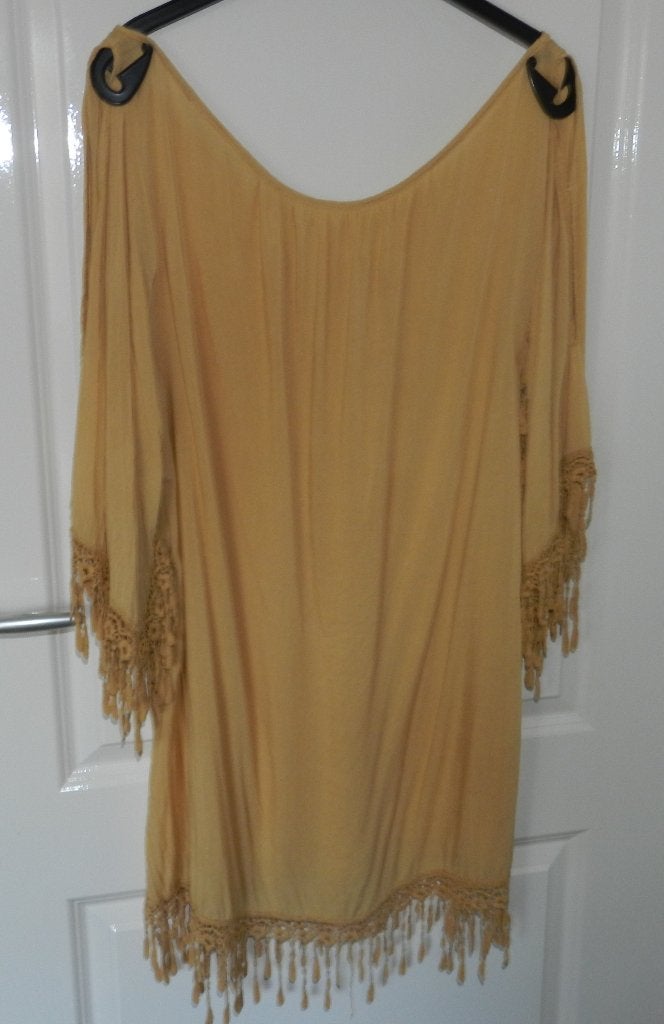 Goudgele Ibiza-tuniek van You&Me met kanten franjes, Verzenden, Gedragen, Maat 46/48 (XL) of groter