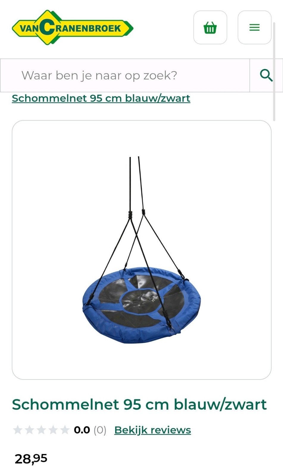 Schommelnet 95cm Blauw/Zwart van Cranenbroek - Nieuw in doos, Ophalen, Nieuw, Schommel