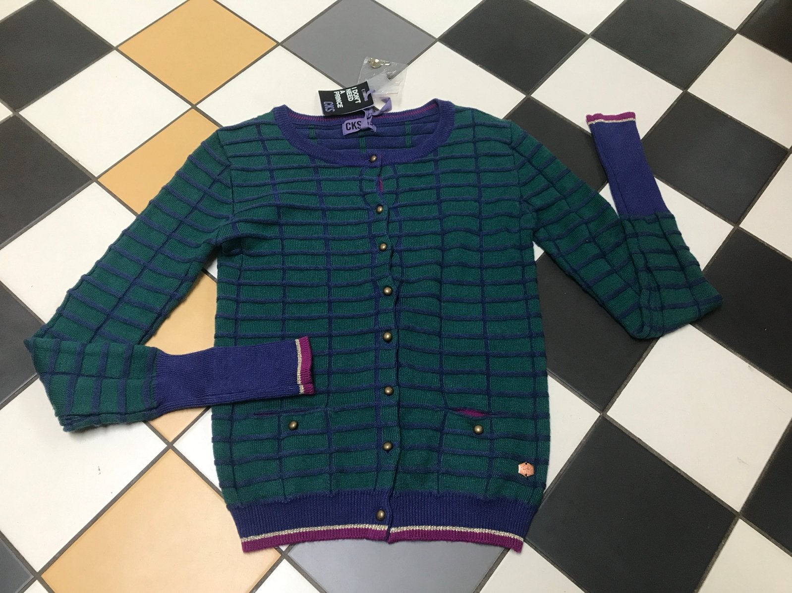 Cks groen blauw vestje gebreid Millie fern green 12, Jongen of Meisje, Trui of Vest, Nieuw, Ophalen of Verzenden