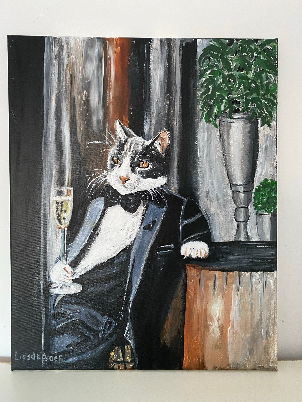 Olieverfschilderij: Kat in smoking met champagne (40x50cm), Handgeschilderd, Ophalen of Verzenden, Dieren, Olieverf