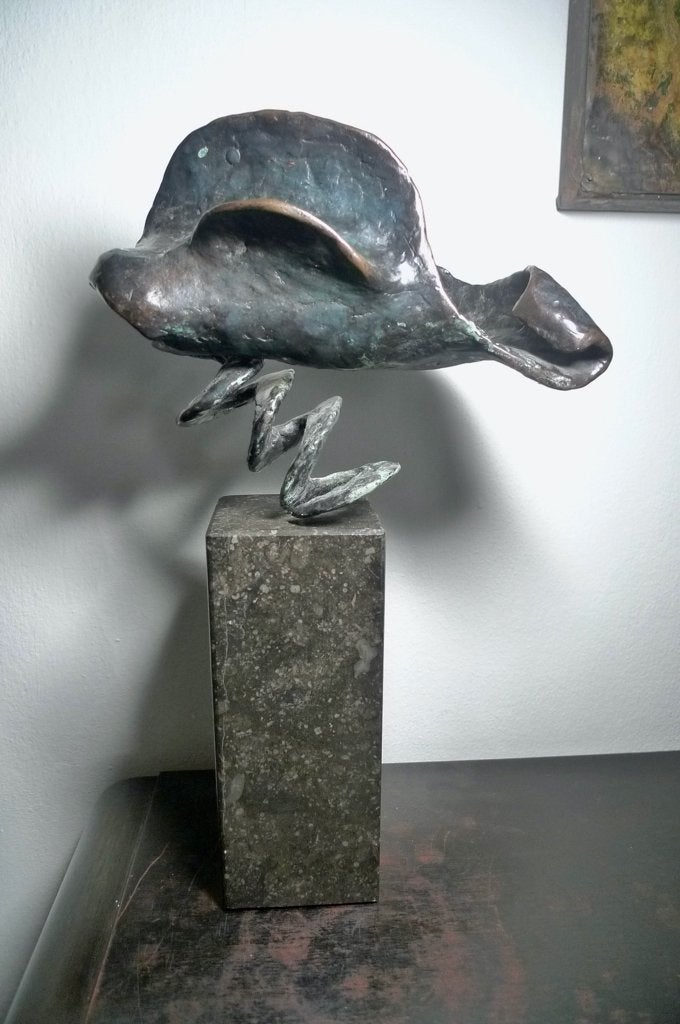 abstract bronzen kunstwerk " vogel" op sokkel jaren 70, Ophalen of Verzenden, Brons, 20 - 50 cm, Abstract