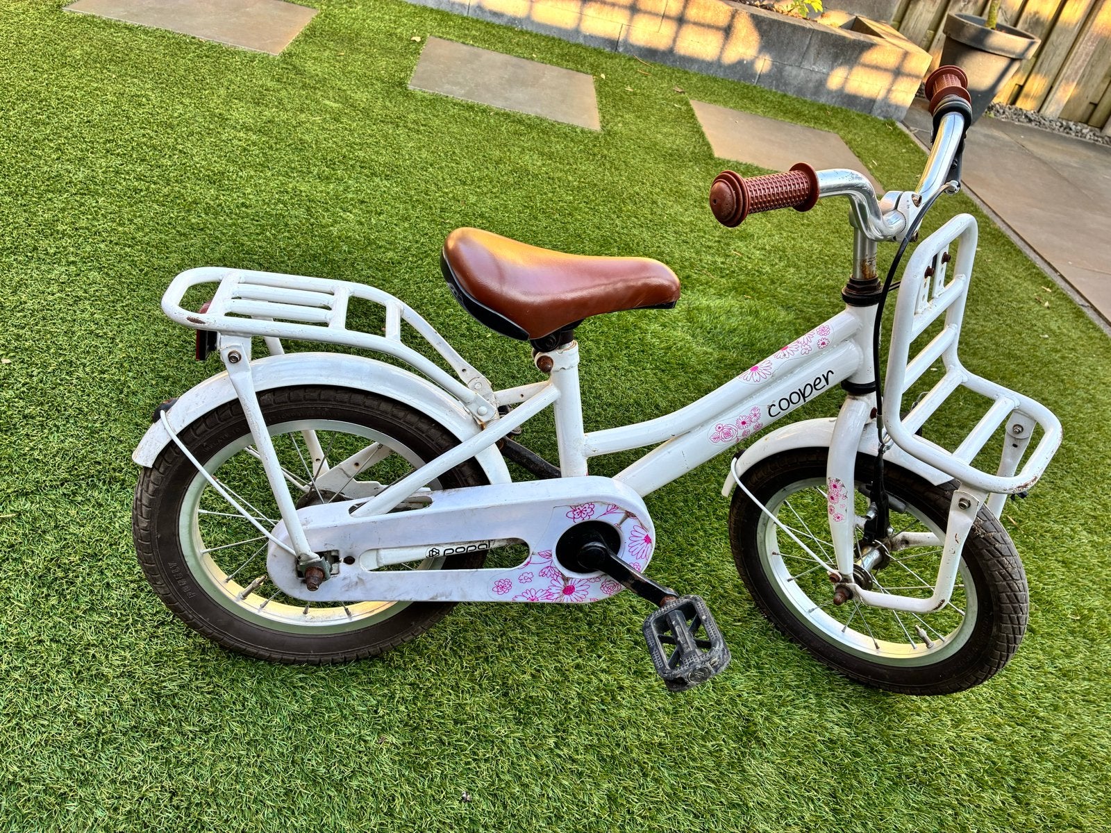 Popal Cooper 14 inch meisjesfiets - Wit met bruine accenten, Ophalen, Gebruikt, Terugtraprem, Minder dan 16 inch