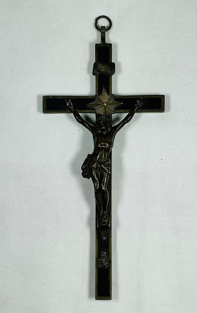 Antiek groot messing ebbenhouten kruisbeeld, Ophalen of Verzenden